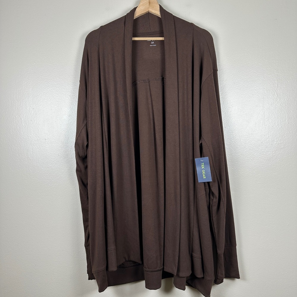 Tek Gear Women's 2X Cardigan Dark Brown Ribbed Open Front Pockets Casual NEW
